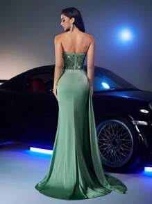 Glamrae Váy suông hở vai xếp ly đuôi cá màu xanh lá cây nhạt thanh lịch, đính sequin 3D, lưới tôn eo, xẻ tà cao, thích hợp cho các buổi hẹn hò, nghỉ mát, sinh nhật, tốt nghiệp, đám cưới, vũ hội, dịp trang trọng - Màu xanh Bạc hà - Xem 3