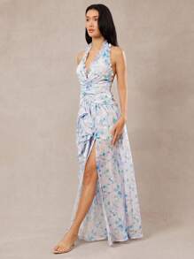 L'Amorae Elegant Floral Print High Slit Halter Backless Dress, Summer - Blue - View 4