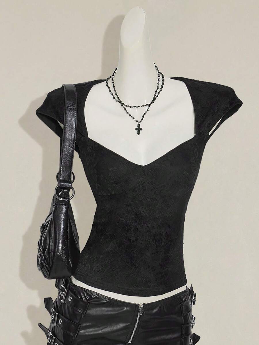 SHEIN ICON Áo thun hở lưng gợi cảm ren ghép cho nữ, áo phông đen cơ bản thường ngày - màu đen - Xem 1