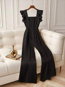 Regalyn Plus Size Women's Casual Solid Color Square Neck Ruffle Sleeve Golden Button Elegant Jumpsuit