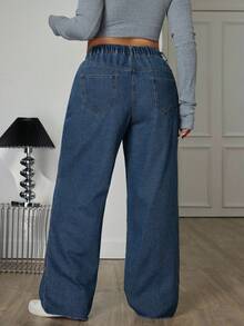 SHEIN ICON 大码休闲不对称腰直筒水洗牛仔裤 - 霧霾藍 - 查看 2