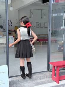 SHEIN 女童条纹无袖上衣和舒适款式夏季短裙两件套服装 - 黑色 - 查看 2