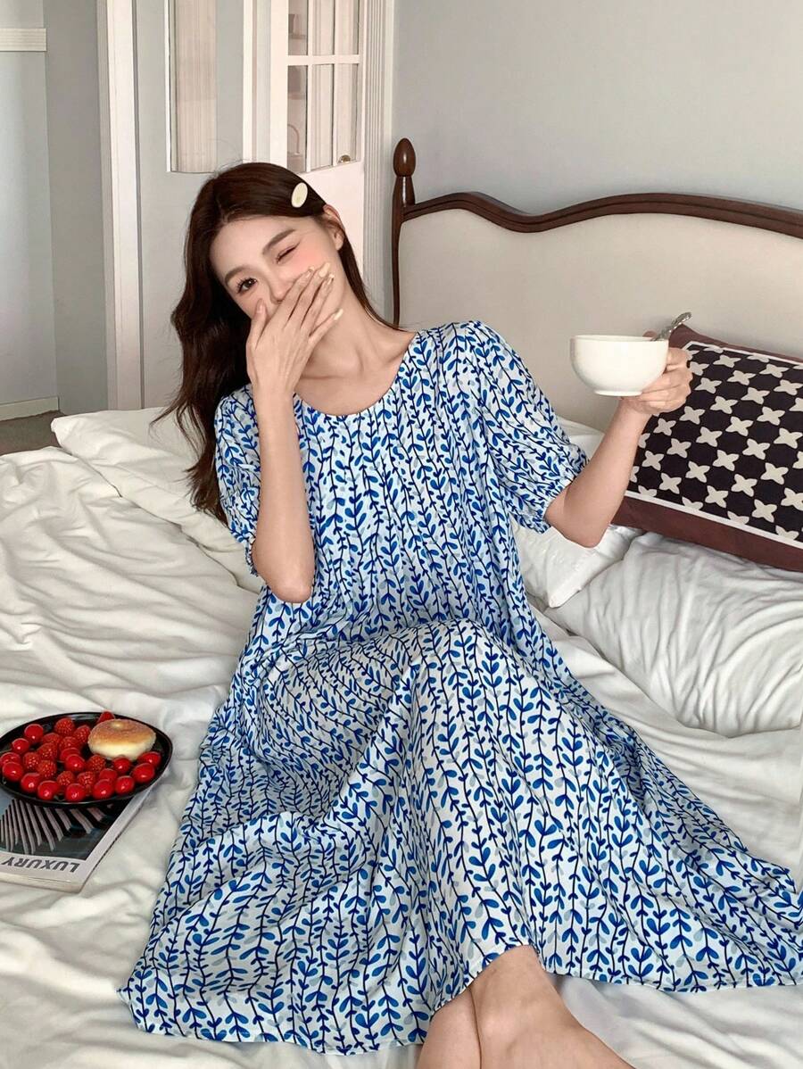DAZY Floral Print Lightweight Short Sleeve Nightgown For Women Pajama, Moo Moo Sleep Dress - Blue - View 1