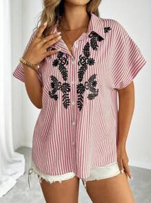 Flirla Plus Size Women Casual Loose Summer Striped Embroidered Shirt Blouse - Multicolor - View 1
