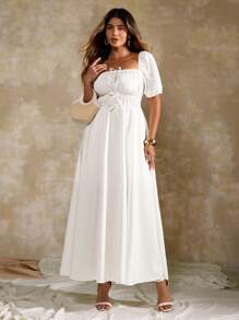 Flirla Plus Size French Romantic Square Neck Bowknot Lantern Sleeve Long Dress, Summer White Maxi Dress White Boho Dress White Square Neck Dress Puff Sleeve White Dress Lace Up White Dress