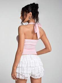 Flirla Vintage Textured Halter Neck Tank Top, Suitable For Spring/Summer Vacation - Pink - View 2