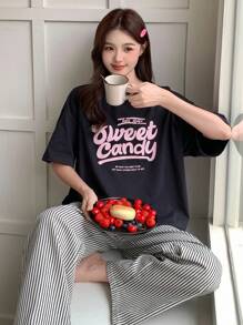 DAZY Letter Graphic Print Loose Fit Crew Neck Long Sleeve Top And Striped Print Pants Pajama Set - Navy Blue - View 4