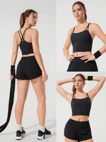 GLOWMODE Sutien sport FeatherFit™-Sculpt Double Dose Compressive, cupe detașabile, cu doză dublă, fără cupe, pentru alergare, jogging, antrenament, sală de sport, impact mediu - Negru - Vizualizare 7