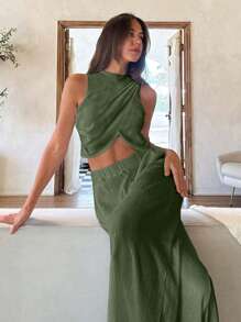 Cloudara Conjunto de top corto drapeado de cuello redondo y Bottom a juego, un estilo sencillo y chic - Verde militar - Ver 6
