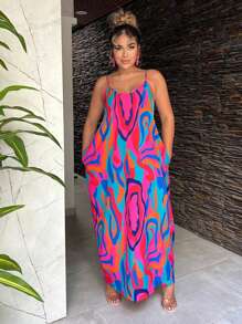 SHEIN SXY Abito lungo con tasche e stampa integrale, senza maniche, per taglie forti - Multicolore - Visualizzare 1