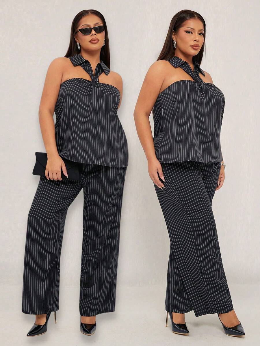 SHEIN SXY Plus Size Women's Sleeveless Black Striped Casual Blouse,Black And White,Summer,Elegant,Night Out Club Office Siren Retro Chic Flatter The Figure - Multicolor - View 1