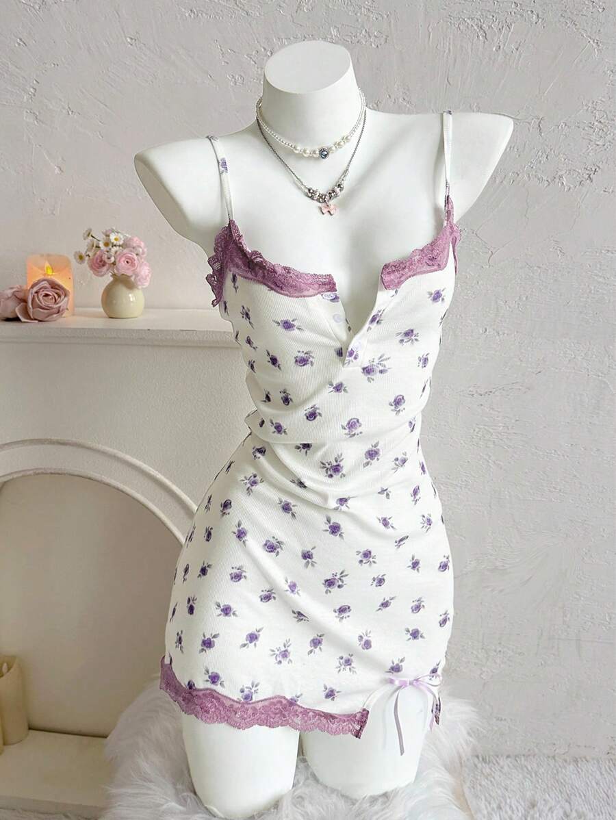 Sweetina 女士甜美花卉印花细肩带迷你吊带裙，性感蕾丝边睡袍 - 彩色 - 查看 1