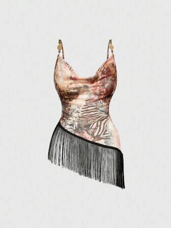 Hippie Top transparente y sexy con escote profundo, estampado de leopardo y rosas, adornado con flecos en el bajo, estilo vintage bohemio para festivales de música