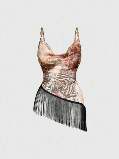 Hippie Vintage Boho Musikfestival Damen Top mit Leoparden- und Rosenblumen Muster, tiefem Ausschnitt und Quasten-Saum, transparent und sexy