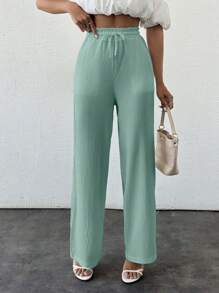 SHEIN PETITE Pantalones de pierna ancha de aspecto de lino de color beige sólido de cintura alta con cordón