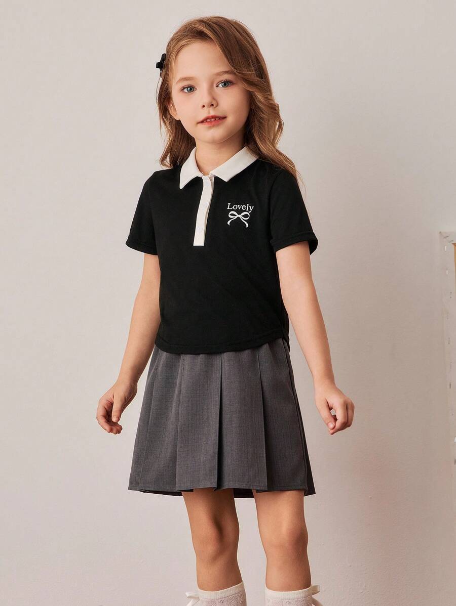 PrepCrw Young Girls Preppy Colorblock Polo Collar Short Sleeve T-Shirt And Pleated Mini Skirt Set,School Uniform,Summer,Career Day,Back-To-School - Multicolor - View 1