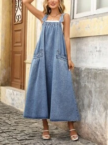 Vestido jumper oversize de mezclilla para mujer con bolsillos grandes - Azul lavado medio - Ver 6