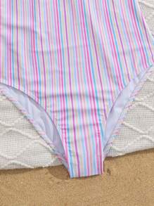 Summer Beach Resort Rainbow Striped Print U-Neck One-Piece Swimsuit For Women - Pink - View 5