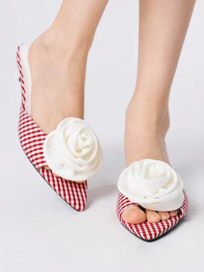 Kawaii Elegant Commuter Pointed Toe Kitten Heel Rose Flower Red Plaid Cloth Ladies Sandals