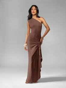 MISSGUIDED Vestido largo de fiesta de un solo hombro con drapeado, cintura fruncida y abertura lateral para ocasiones formales, bodas, fiestas, dama de honor y eventos especiales