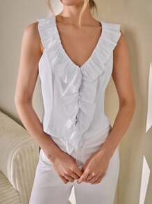 CLARA VERO Blusa informal de verano con botones en la parte delantera, sin mangas, con volantes alrededor del cuello y aspecto limpio de tejido de un solo color para mujer