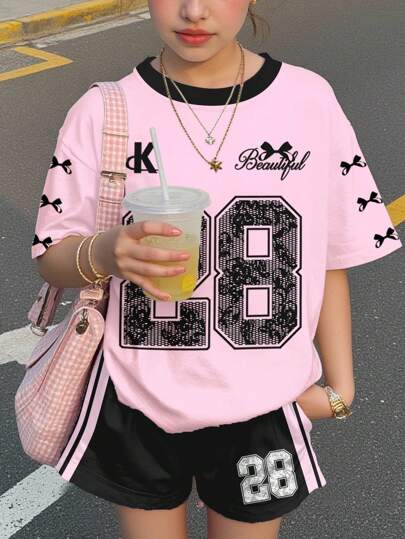 SHEIN Leap Crew "Ballet-Style Sweet Lace Butterfly & Letter 28 Print, Teen Girls Casual Minimalist Loose Round Neck Short Sleeve T-Shirt And Shorts 2pcs Set, Suitable For Spring/Summer" Kawaii Shirt E Girl Clothes Baggy T Shirts Teen Girl Korean Teenage Clothing Girl Kids Kpop Outfit