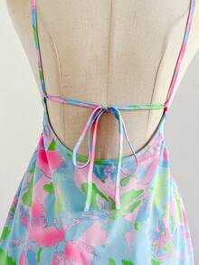 Soleia 女士热带花卉全印花节日休闲连衣裙，后背系带，蝴蝶结，层叠荷叶边下摆，A 字廓形，迷你长度，适合度假、约会、下午茶、音乐节、波西米亚风格 - 彩色 - 查看 7