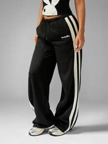 Missguided x Playboy Retro Inspired Track Pants Side Stripe Detail Wide Leg Statement Loungewear Fall Winter Athleisure Drawstring Casual Streetwear - Black - View 1