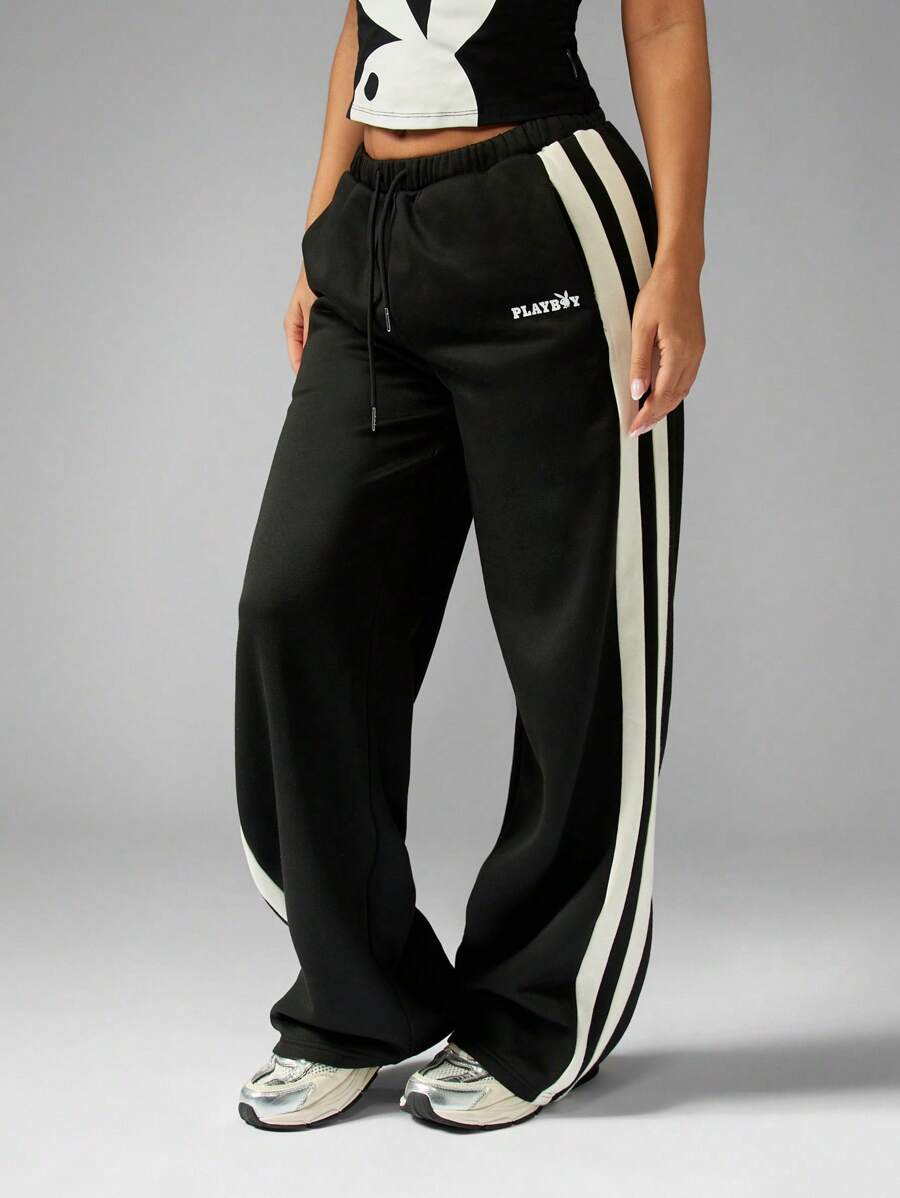 Missguided x Playboy Retro Inspired Track Pants Side Stripe Detail Wide Leg Statement Loungewear Fall Winter Athleisure Drawstring Casual Streetwear - Black - View 1