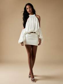MISSGUIDED Blusenoberteil mit Kälterschulter, Trägerhals, Bubikragen-Ärmel, geeignet für Hochzeitsgäste, Resort, formelle Anlässe, Abendparty, Clubwear - Weiss - Übersicht 3