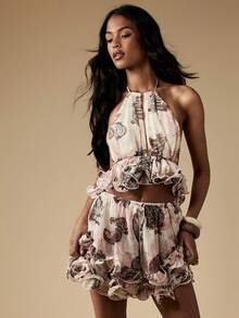 MISSGUIDED Chiffon Shorts High Waisted Ruffle Trim Summer Festival Dance Party Mini Short Floral Design Flowing Bohemian Beachwear