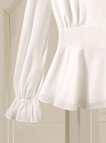 Franclia V 领褶饰前扣衬衫，荷叶边袖口，优雅设计，适合春秋季节 - 白色 - 查看 5