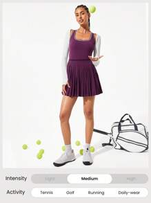 GLOWMODE FeatherFit™-Air Quick-Dry Tennis Built-In Cups Pleated Peekaboo Elasticized Waist Dress With Built-In Shorts Side Pockets Running Workout Gym - Cherry Cola - View 8