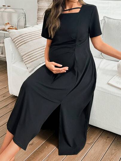 Moonlight&Mama Solid Color Pleated Design Maternity Square Neck Homewear Dress