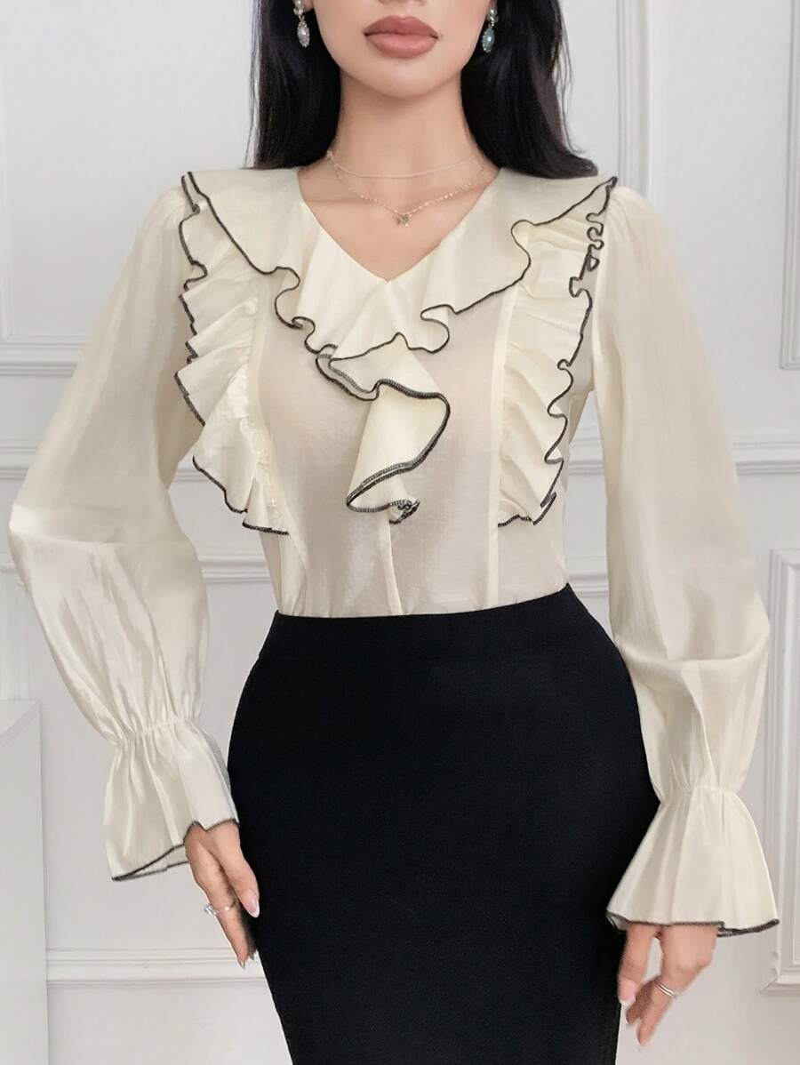 DAZY Elegant Contrast Ruffle V-Neck Women Shirt