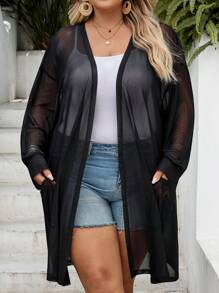 SHEIN CURVE+ Ropa de talla grande con curvas/Ropa escolar/Ropa de vuelta al colegio/Ropa de talla grande para mujer Cárdigan negro ligeramente translúcido de longitud media Chaqueta de talla grande