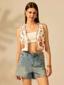 CAJUNI White Base Orange Tropical Floral Embroidery Sleeveless Open Front Short Vest For Women, Suitable For Summer Vacation, Beach, Graduation Casual Blouse For Women - Multicolor - View 1