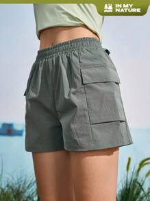 SHEIN In My Nature Pantaloni scurți de antrenament pentru femei, culoare solidă, cu talie elastică, cu buzunar cargo