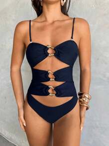 Aloruh Elegante e sexy costume da bagno monopezzocon colore unito, senza spalline, con decorazioni in metallo e spalline rimovibili, perfetto per la spiaggia e per l'abbigliamento primaverile/estivo.