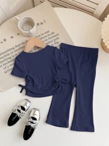 SHEIN LMoss Kids LMoss  Babygirl Cute Casual Knitted Navy Blue Short Sleeve Top And Wide Leg Pants Set Toddler Girl Two Piece Set Toddler Girl Clothes Baby Girl Two Piece Outfit Girls Two Piece Outfits Toddler Girl Summer Outfit - Navy Blue - View 2