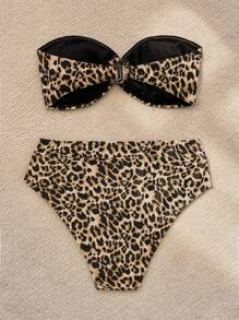 SHEIN VCAY 女士豹纹抹胸式无肩带比基尼上衣和下装泳装套装，适合夏季海滩度假、夏季服装、情人节、女士度假服装、女士沙滩服装、节日、浪漫、波西米亚、波西米亚风、甜美、风骚、狂欢节服装、热带度假女装、狂欢节、女士泳衣、女士泳衣、抹胸 - 彩色 - 查看 2