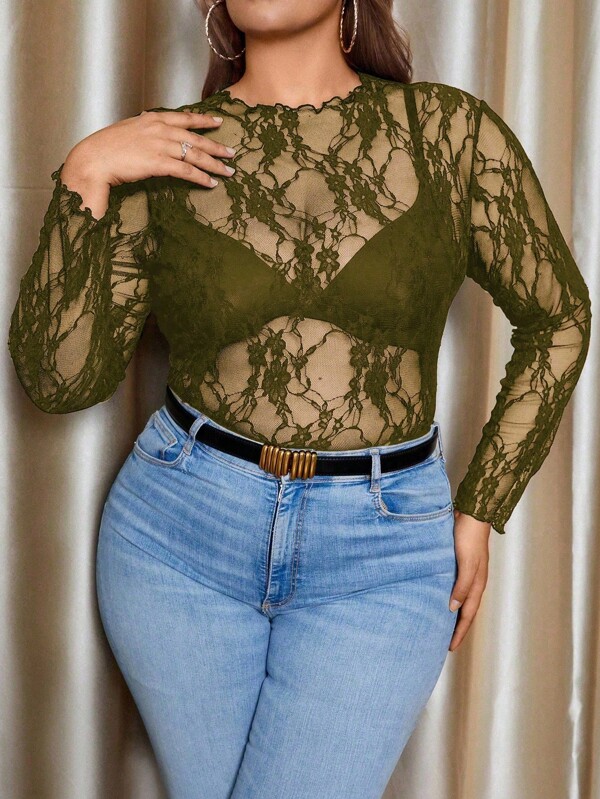 SHEIN SXY Plus Size Women Sexy Tight Fit Sheer Lace Long Sleeve Turtleneck T-Shirt Undershirt, Spring & Autumn