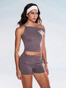 Gameset SHEIN Sport 2pcs Women's Casual Twist Asymmetrical Shoulder Top And Tie-Waist Shorts Set, Spring/Summer - Grey - View 4
