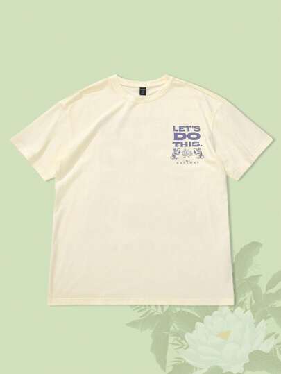 The White Lotus Men's Ivory Tee With Lotus Graphic, Suitable For Spring/Summer, Cartoon Style Minimalist Line Art