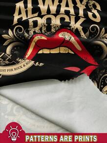 SHEIN LUNE 音乐节摇滚嘴唇图案宽松 V 领短袖大码 T 恤，适合夏季 - 彩色 - 查看 3