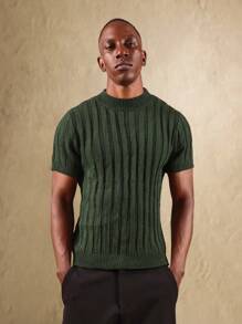 SUMWON Suéter clássico de manga curta com gola alta, modelo ajustado, com padrão linear estiloso, inspirado no visual retrô e vintage - Verde Escuro - Visão 5