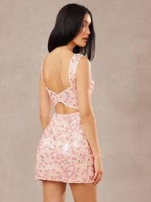 L'Amorae 女式碎花印花亮片迷你连衣裙，后背系带细节，春夏迷你连衣裙