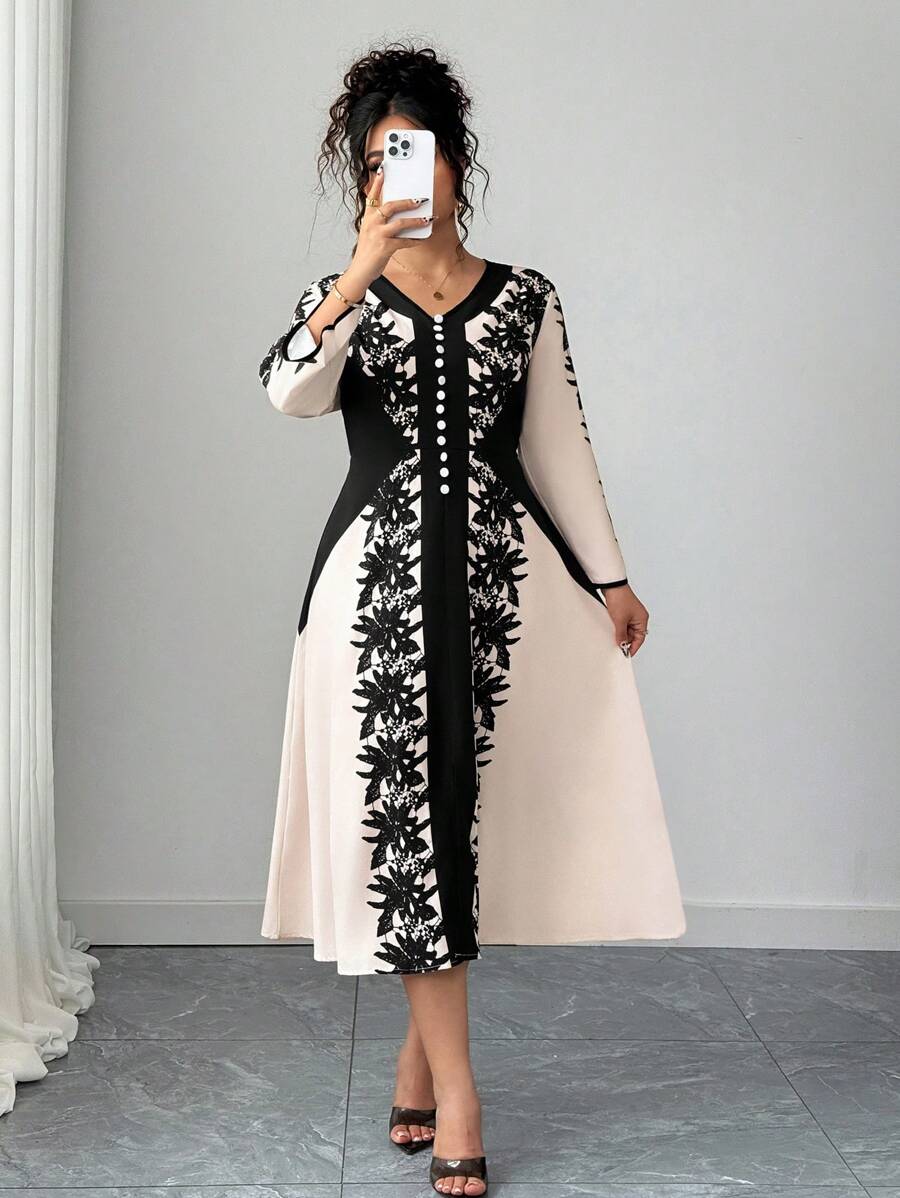 Elenzga فستان ماكسي أنيق بطبعة زهور مع رقبة على شكل حرف V وأكمام طويلة لحجم كبير للنساء