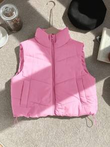 Comfortcana 女式浅粉色拉链双面纽扣灯芯绒抽绳短款背心夹克秋冬 - 淺粉色 - 查看 6