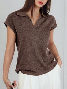 宽松休闲纯色拼布短袖T恤女式学院风上衣商务休闲女式工作服 - 巧克力棕 - 查看 5
